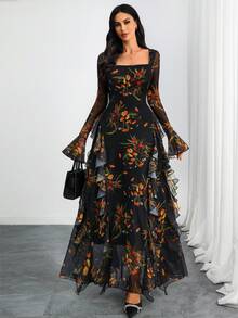 Women's Elegant Sexy Modern Luxurious Long Sleeve Y2K Romantic Ruffle Double Layer Printed Dress - Multicolor - View 4