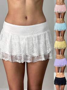 Women's Summer Casual Skirt Solid Color Low Waist Lace Ruffled Skirt With Lined Shorts - White - View 2