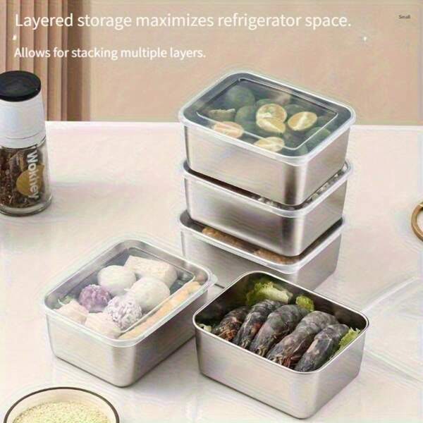 5 Pcs Stainless Steel Square Food Storage Containers With Flip-Top Lids - Reusable, Dishwasher Safe, Perfect For Fruits, Vegetables, And Meal Prep - Ideal For Kitchen And Outdoor Use, Outdoor Food Storage| Kitchenware
