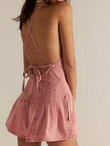 Women Spaghetti Strap Denim Romper Sleeveless V Neck Backless Tie-Up Jean Short Jumpsuits Ruffle Jean Overalls - Pink - View 3