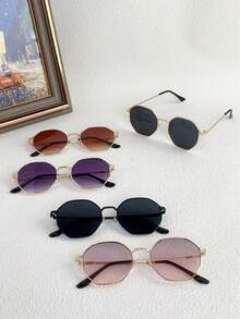 5pcs Polygonal Women's Fashion Glasses, Suitable For Daily Wear Geometric Shape Shades - 5PC Medium Box Fashion Gray Powder Gold Gray Double Gray Tea Black - View 4
