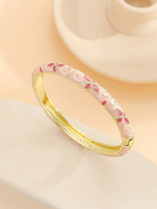 1pc Fashion New Style Gold Plated Exquisite Flower Pattern Enamel Cloisonne Bracelet Bangle Jewelry Gift For Girls Women