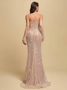 Elisanya 新品女式亮片露肩高腰开衩紧身长裙，优雅晚礼服 - 杏色 - 查看 4