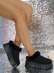 新款女士6厘米厚底毛绒内衬雪地靴，米色、驼色、黑色可选，保暖冬季平底踝靴，圆头套脚户外家居拖鞋，时尚靴子 - 黑色 - 查看 2