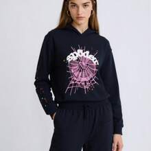 Sp5der 555555 Spider Web Foamed Printed Pure Cotton Hooded Sweatshirt Casual Long Pants Set For Autumn And Winter Men And Women - 黑色 - 查看 3