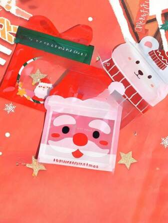 5 قطع صناديق هدايا سانتا كلوز جميلة، أكياس مختومة ذاتيًا قابلة للحمل والوقوف بمفردها، أكياس تعبئة شفافة للحلوى