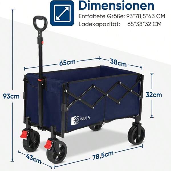 Sunula zusammenklappbarer Wagen mit 80L Kapazität und 99,79 kg Tragfähigkeit, leichter Design mit reduziertem Gewicht, All-Terrain-Räder mit Bremsen für erhöhte Sicherheit und Kontrolle, perfekt für Einkauf, Camping, Outdoor-Aktivitäten und Gartenarbeit.