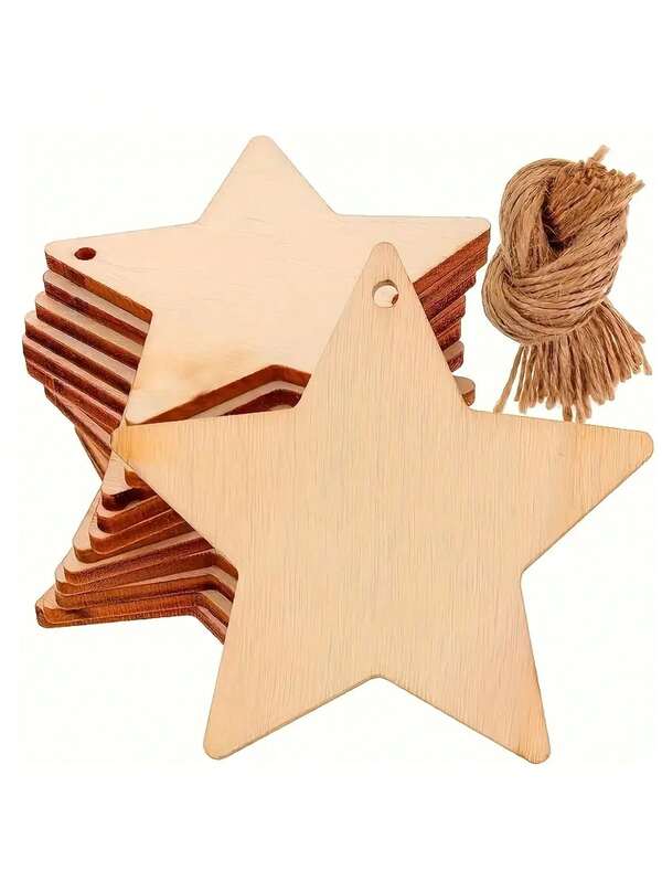 10pcs Natural Wooden Star Shaped Decorative Hanging Ornaments, Blank Wooden Stars For DIY Crafts, Christmas Tree Ornaments, Home Decor, Suitable For Halloween, Home Decoration, Parties, Holidays, Birthday Gifts, DIY