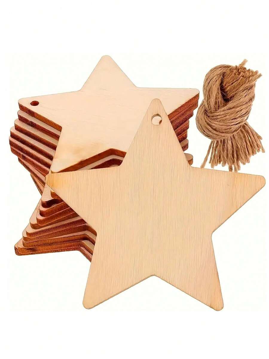 10pcs Natural Wooden Star Shaped Decorative Hanging Ornaments, Blank Wooden Stars For DIY Crafts, Christmas Tree Ornaments, Home Decor, Suitable For Halloween, Home Decoration, Parties, Holidays, Birthday Gifts, DIY