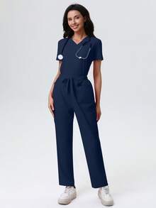 V-Neck Solid Color Pocket Short Sleeve Top And Pants Uniform Set Spring - Navy Blue - View 8