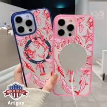 Artguy Marine Red Hues Pattern Magnetic Phone Case For IPhone 15 16 14 Pro Max 13 12 11 XR XS Plus E Clear Crystal Drop-Proof Slim Silicone Shockproof Transparent Protective Cover Supports Wireless Charging