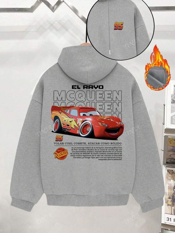 Disney Britischer Retro-Pullover mit Kapuze und Kordelzug, langärmlig, grau, für Herren und Damen. Hellgrauer Grundton, schlicht und vielseitig. Das Kapuzendesign sorgt für ein lässiges Tragegefühl. Der Rücken ist mit dem Cars-Muster bedruckt, mit "EL RAYO MCQUEEN" und anderen englischen Schriftzeichen. Die kleine "95" auf der Brust spiegelt das Thema wider. Der lässige Pulli ist ideal für Alltagsausflüge, Partys, Shopping, Familientreffen und vieles mehr!