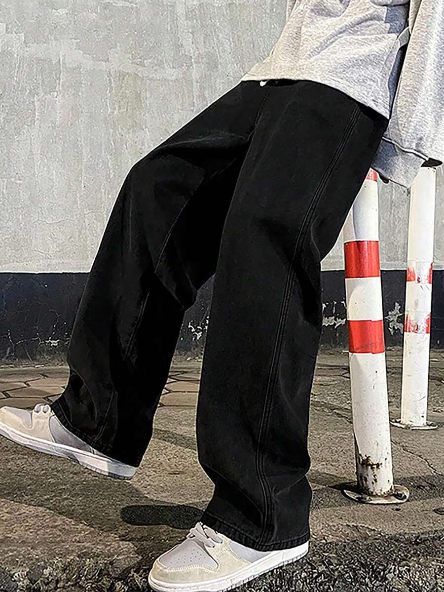 男士高端简约百搭直筒水洗牛仔裤，抽绳松紧腰休闲裤，四季皆宜，垃圾摇滚风 - 黑色 - 查看 1