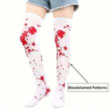 2双装女士万圣节长筒袜带血、蝙蝠和蜘蛛，节日装扮道具，骷髅头秋冬卡通长筒袜