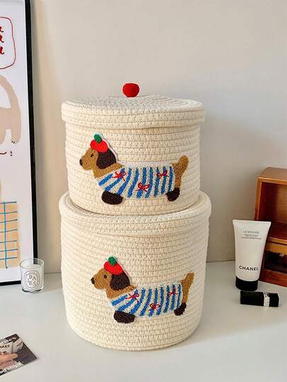 棉织大容量带盖防尘收纳桶，卡通可爱小狗图案家居收纳篮