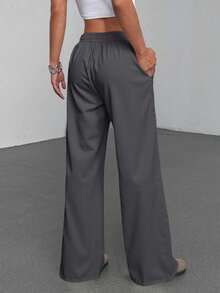 Pantalon Mujer Deportivo Ancho Gris Oscuro Cintura Alta Elastica Cordón Ajustable Bolsillos Amplios Streetwear Lounge Athleisure Casual Moda Urbana Suave Ligero Transpirable Duradero - Gris Oscuro - Ver 2