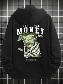 Sudadera con capucha gráfica casual para hombres Universal Money - Poliéster suave, diseño de billetes de dólar y manos de esqueleto, ajuste relajado para otoño y primavera, ropa casual de otoño |   Sudadera de Corte Relajado |   Fibra de poliéster, sudadera esencial - Negro - Ver 3