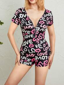 Women's Sexy Romper Shorts, Funny Print Long Sleeve Button Down Deep V Neck Bodysuit - Amor negro - Ver 2