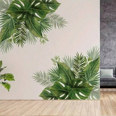 2 件艺术墙贴，热带绿色植物叶子图案自粘墙贴，卧室入口客厅门廊家居装饰墙贴，可移除贴纸，墙壁装饰贴花