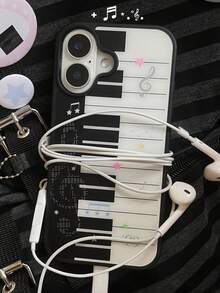 1件可愛音樂符號鋼琴黑框手機殼，適用於 iPhone 16 15 14 13 12 11 Pro Max Plus，軟 TPU 背蓋 - 黑與白 - 查看 1