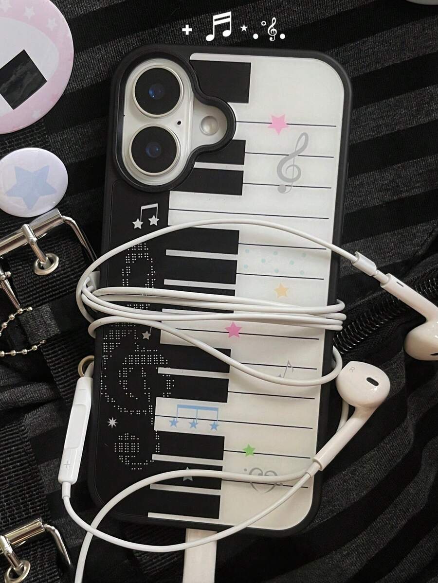 1件可愛音樂符號鋼琴黑框手機殼，適用於 iPhone 16 15 14 13 12 11 Pro Max Plus，軟 TPU 背蓋 - 黑與白 - 查看 1