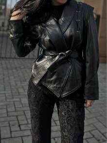 女士秋冬新款欧美风皮带皮夹克 - 黑色 - 查看 8