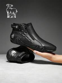 Men's Casual High-Top Leather Boots With Side Zipper Design, For Daily Wear - Black - View 1