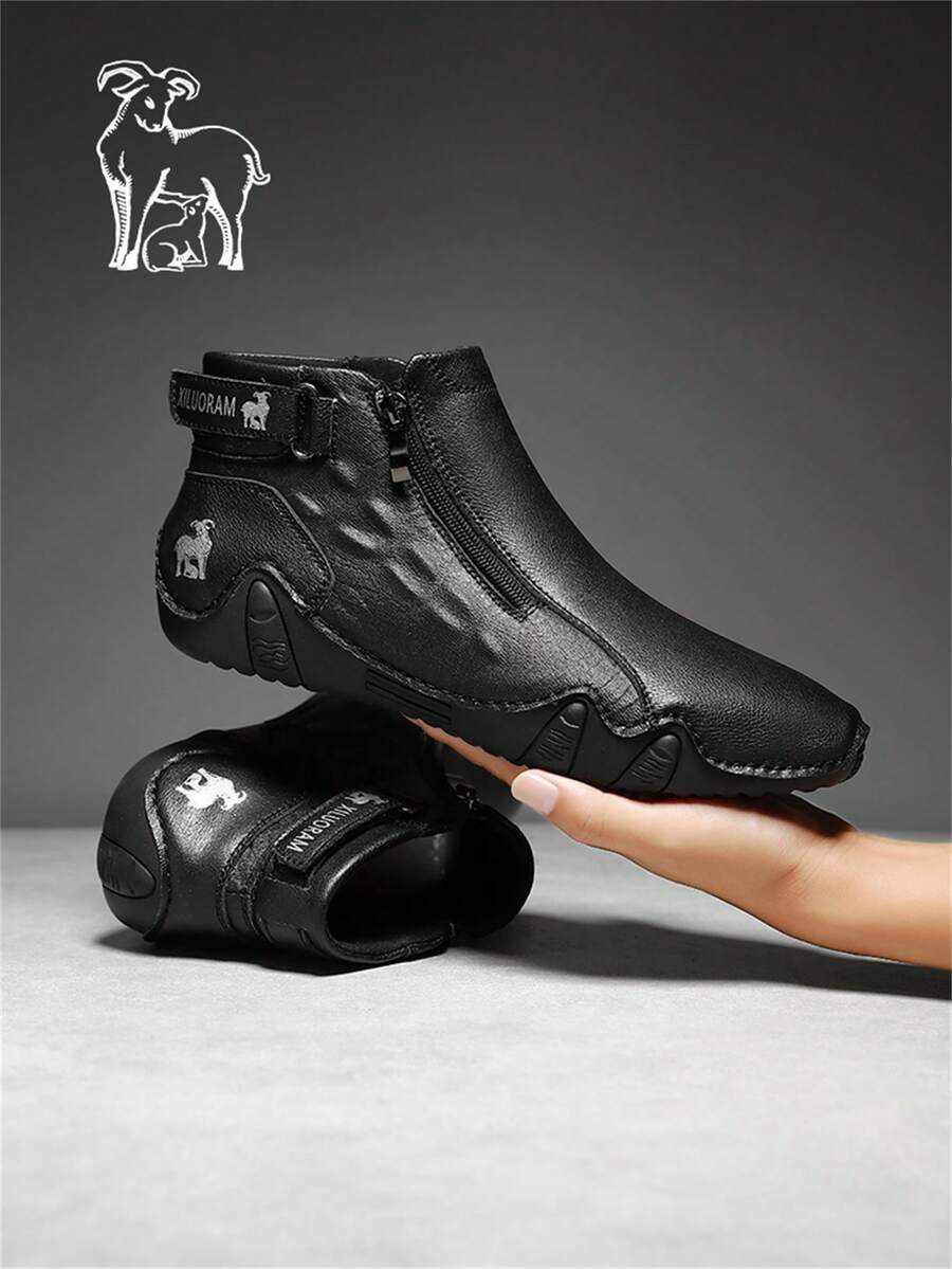 Men's Casual High-Top Leather Boots With Side Zipper Design, For Daily Wear - Black - View 1