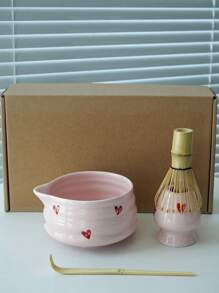 1pc/2pcs/4pcs/5pcs Pink Heart Ceramic Matcha Tea Set, Cute Matcha Utensils Combo Includes Matcha Bowl, Whisk And Stand, Bamboo Spoon, Sifter, Ideal For Matcha Lovers And Beginners, Great Gift For Mother's Day Back To School
