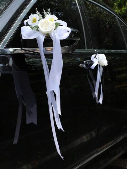 6 piezas Decoración para boda: Flores para espejo retrovisor del coche, manijas de puerta, decoración de pasillo, flores de bambú y rosa falsa para sillas, arreglos florales para boda y días festivos, flores para el coche de boda