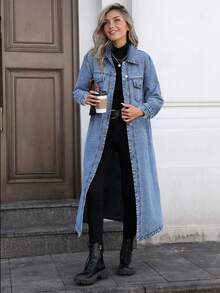 Teen Girl Casual Fashionable Elegant Academic Y2K Style Long Denim Jacket, Suitable For Spring And Autumn - Blue - View 2