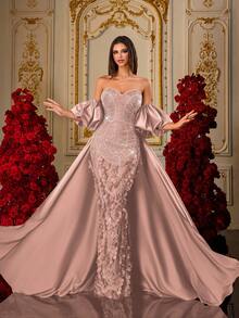 Đầm dạ hội sang trọng kiểu đuôi cá màu xanh ô liu, đính cườm 3D hình cánh hoa, tay phồng, chất liệu satin, thích hợp cho đám cưới, tiệc mùa xuân, không dây vai. - Hồng - Xem 6
