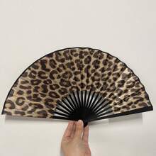 1pc Elegant Leopard Print Bamboo Folding Fan With Black Frame, Fashion Princess Theme, Lightweight Portable Hand Fan For Ladies, Suitable For Summer Travel, Beach And Daily Use