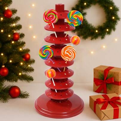 1个可调节多层红色棒棒糖架，红色塑料糖果展示架，树形设计，多层插入式，无需用电，适用于厨房、生日主题派对、婚礼餐桌中心装饰、棒棒糖展示架、餐厅装饰、糖果吧用品、生日和婚礼派对、糖果和小吃、派对甜点站、2026新年节日装饰品，结构坚固