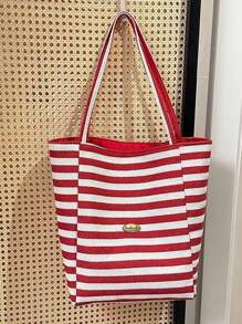 双面复古风格条纹帆布手提包，女士大容量条纹帆布手提包 - 时尚单肩包，适合旅行和购物，鲜艳的红白条纹，宽敞，多功能，可手洗 - 无封口，日常手提包，休闲日常手提包，购物手提包|休闲时尚包|条纹图案包，沙滩配饰|镂空设计 - 彩色 - 查看 13