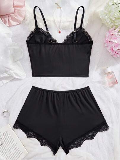 Set Of Flower Kanten Pyjama Suit Neck Com Tafel Knitted Pit Strip Fabric Bow Top Shorts Home Wear Sleepwear view 2