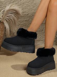 New Women's 6cm Thick Sole Fur Lined Snow Boots In Camel, Beige, Black, Warm Winter Flat Ankle Boots, Outdoor Round Toe Slip-On Fashion Furry Boots - Black - View 2