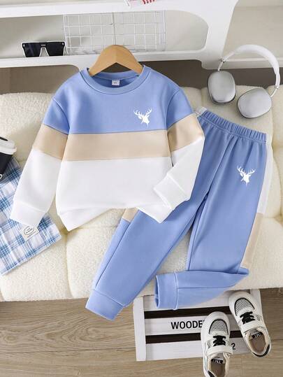 Kleinkind Cartoon Muster Warmer Rundhals Sweatshirt und Jogginghose Set