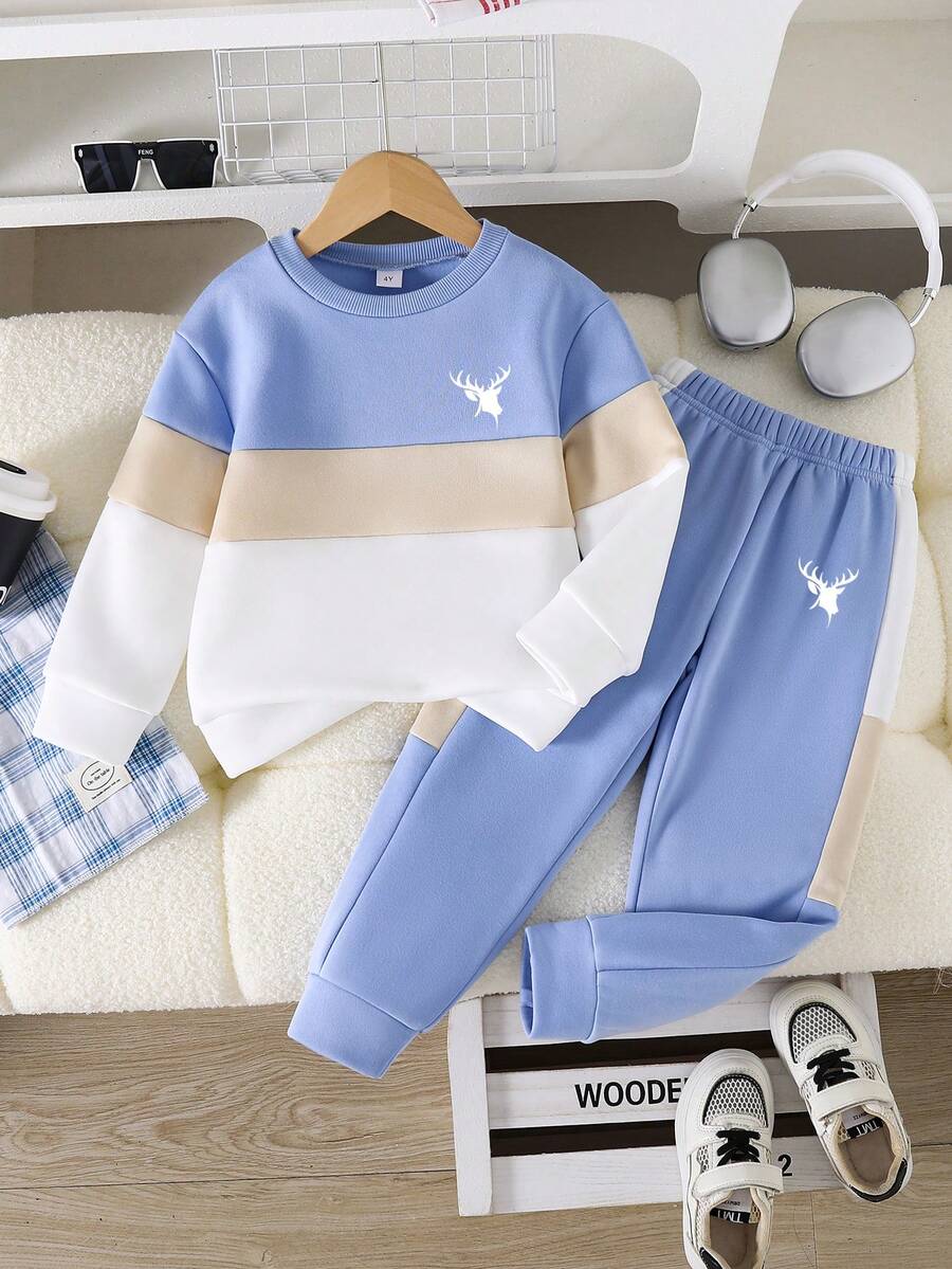 Toddler Cartoon Print Warm Crew Neck Sweatshirt And Sweatpants Set