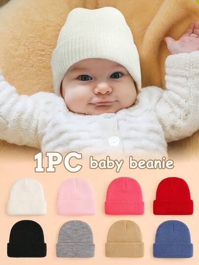 1pc Baby Solid Color Knitted Hat, Fashionable Casual Warm Knitted Cap, Adjustable Suitable For Baby Boys And Girls In Autumn/Winter