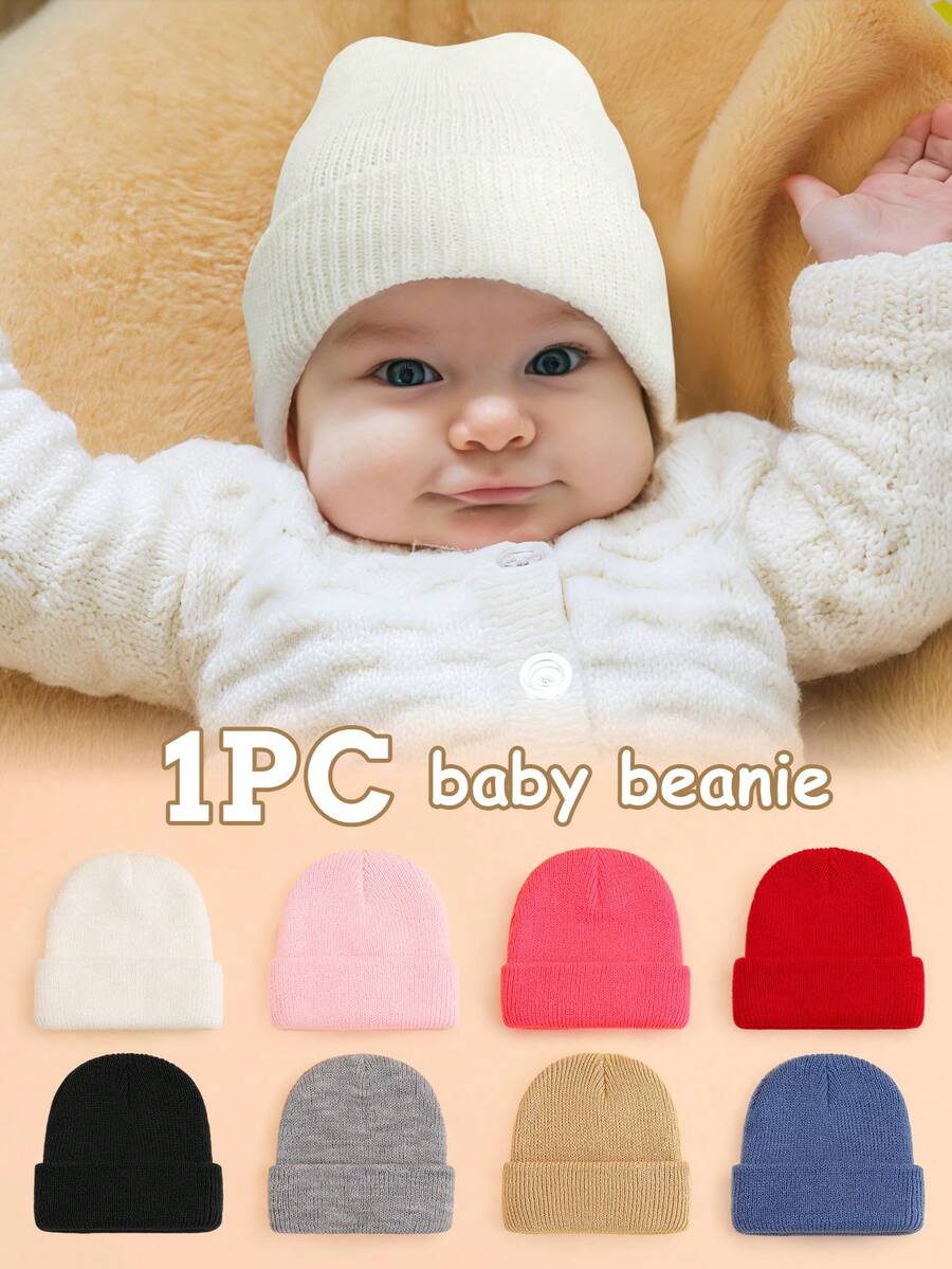 1pc Baby Solid Color Knitted Hat, Fashionable Casual Warm Knitted Cap, Adjustable Suitable For Baby Boys And Girls In Autumn/Winter - Multicolor - View 1