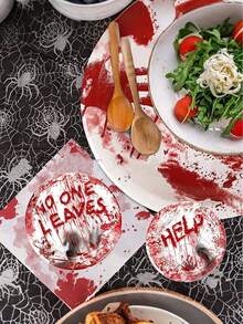 30pcs Halloween Bloody Rave Party Table Runner Set Tableware Set:Includes 10 Halloween Napkins, 10 9-Inch Plates And 10 7-Inch Plates For Halloween Zombie Skeleton Bloody Party Table Decorations - Halloween Party Decorations