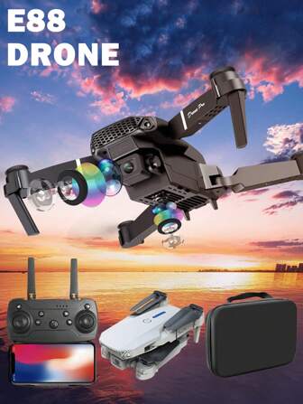 E88, Control remoto de iluminación, Drone, Cámara dual de alta definición, Fotografía aérea, Quadcopter, Plegable, Modelo de avión