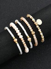 5pcs/Set Fashionable & Versatile Rice Pearl Bead Round Pendant Stacked Bracelets, Suitable For Women Summer Beach Vacation Daily Accessories