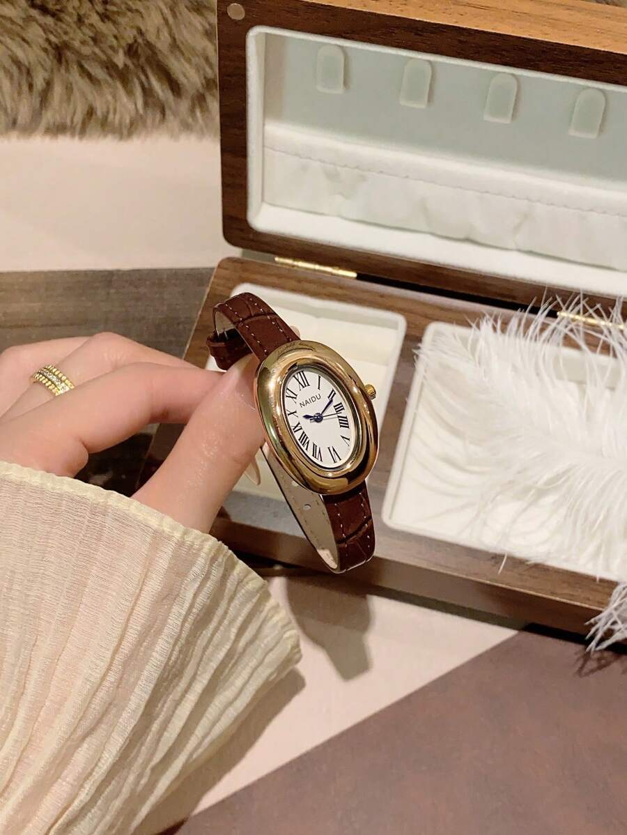 1pc Women's Oval Roman Numeral Casual Elegant Quartz Wrist Watch, Suitable For Daily Wear - Brown - View 1