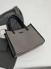 千鸟格图案大号托特包，女士时尚简约大容量单肩包，通勤百搭 - 黑色 - 查看 10