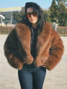 TRAFZA 女款冬季人造毛皮草百搭高端蓬松都市风格辣味豹纹夹克 - 棕色 - 查看 3