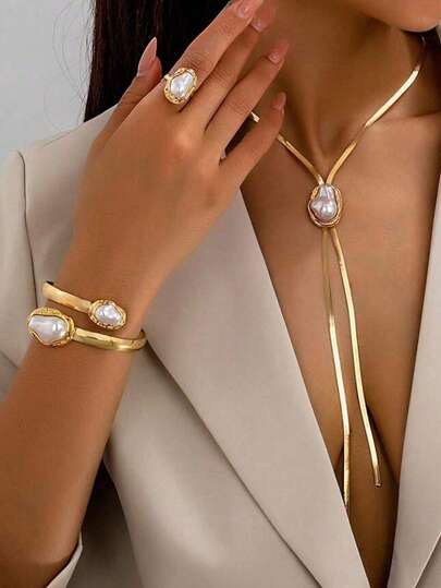 1 Set Baroque Pearl Metal Pendant Y-Necklace Set, Vintage Unique Metal Style, High-End Necklace, Bracelet, Ring - Vintage, Elegant Pearl Inlaid Flat Chain Necklace, Suitable For Women's Wedding, Party, Daily Wear, Holiday Gift Gifts