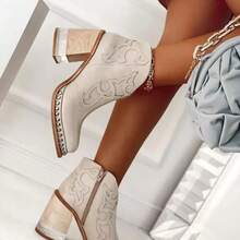 European And American Style Plus Size Chunky Heel  Boots For Women 2025 Autumn Winter New Printed Rivet  Side Zipper Fashion Boots - Màu Khaki - Xem 3