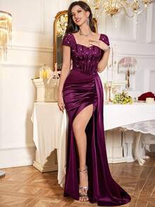 MIUSOL Sequin Floral Lace Draped Side Asymmetrical Hem Satin Formal Party Maxi Dress, For Wedding Guest, Graduation, Dinner